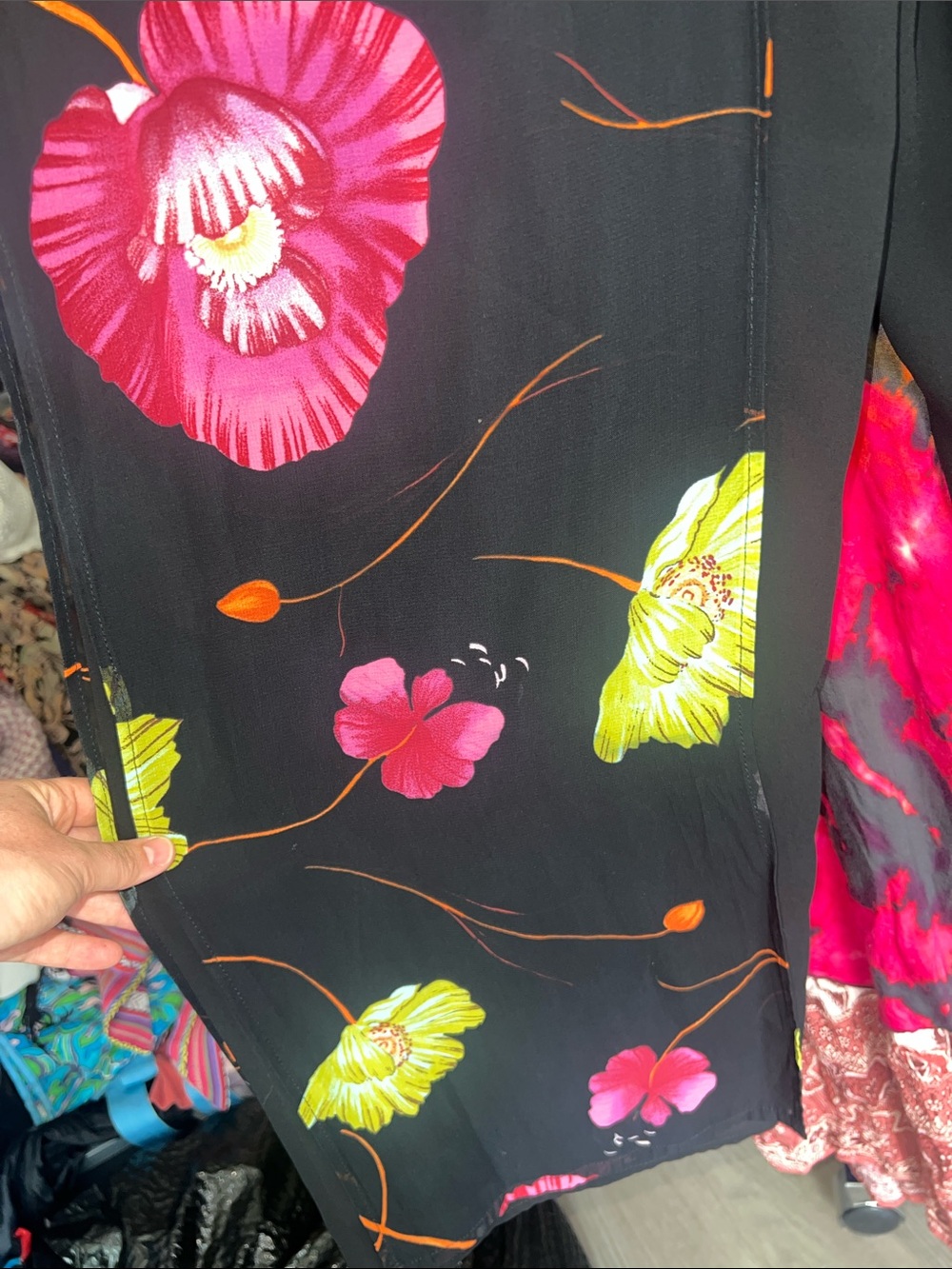 90s Cache Floral Wide-Leg Pants with Neon Pink & Lime Flowers - Picture 2 of 7